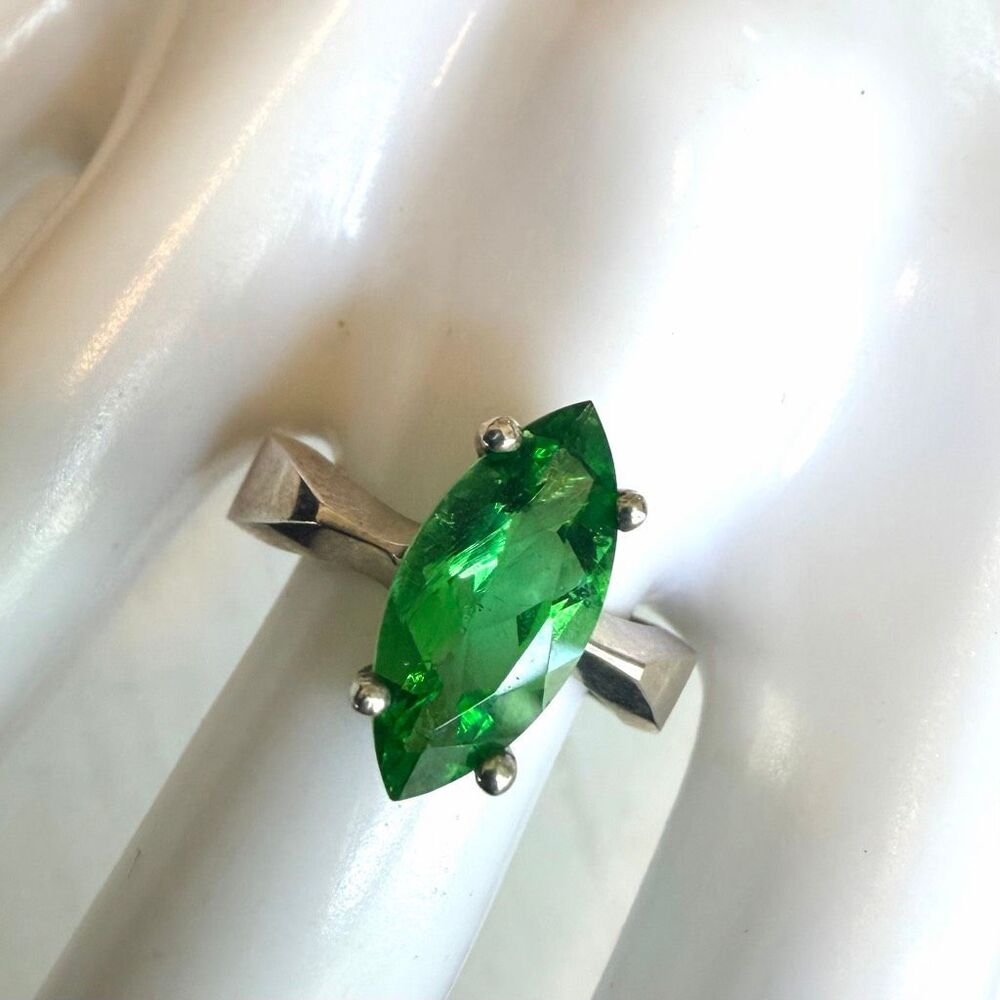 Vintage BADAVICI Sterling Silver Green Glass Marquise Ring